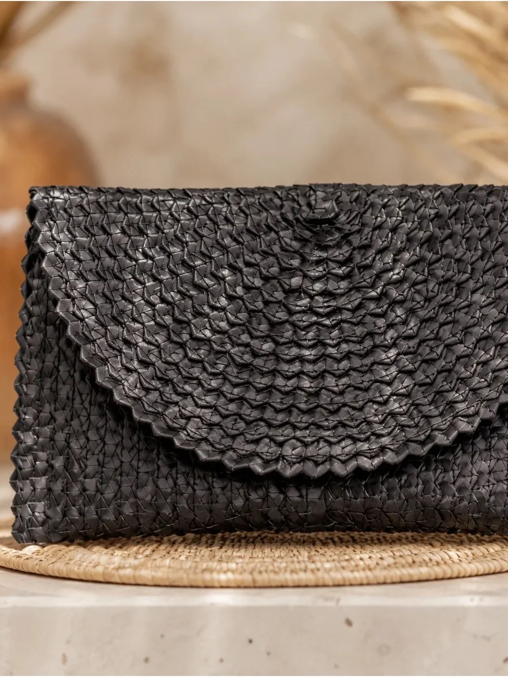 Woven Envelope Clutch in Black by